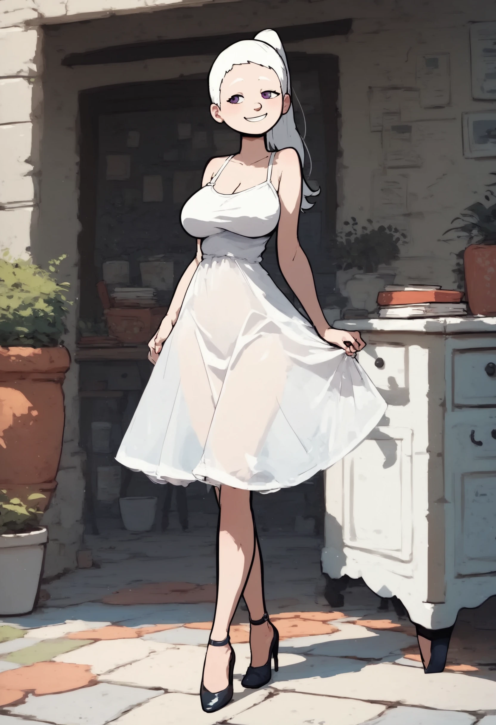 score_9, score_8_up, score_7_up, score_6_up, score_5_up,  1girl, solo, full body,
<lora:Lulu (Storybooth):0.9> Lulu_Storybooth, high ponytail, purple eyes, albino, smile, (semi transparent sundress), eyes open, standing, high heels,
large breasts,
indoors,
<lora:Expressive_H:0.7> Expressiveh,
<lora:add-detail-xl:0.9>
<lora:light:1> neolight