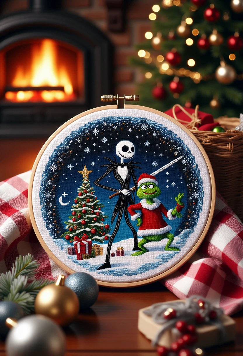 <lora:Cross_Stitcher_FLUX:0.8> 
The image is a photograph showcasing a detailed embroidery piece depicting Jack Skellington attackingThe Grinch with a sword in the North Pole. The embroidery piece is displayed on a wall in a living room decorated for Christmas. There is a Christmas tree and fireplace in the background.