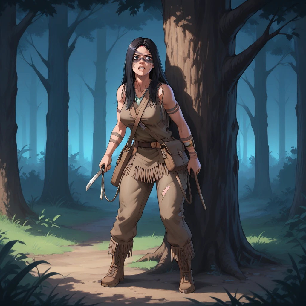 score_9, score_8, score_7, score_6_up, Naprruey, tassels, 
solo, long hair, breasts, large breasts, black hair, fringe trim, boots, necklace, tree, clenched teeth:0.1, bow, weapon, holding, facepaint, tribal, pants, 
hiding, focused, night,full body, hiding, looking ahead,
tree, ((hiding behind tree)),satchel:0.2,
torn clothes,
<lora:Naru_Prey:1>