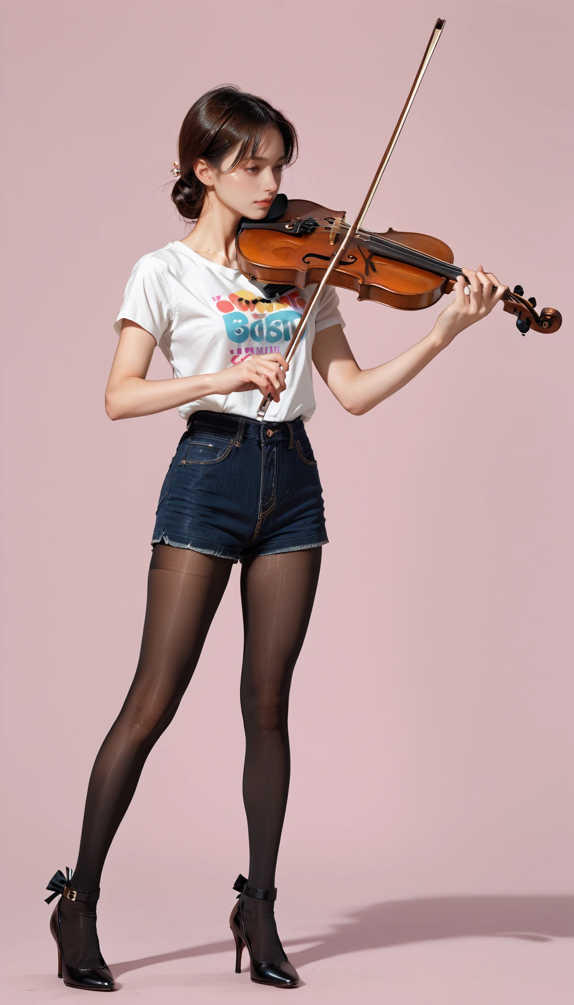 1girl, full body, high heels,  film grain, T-shirt,  denim shorts, pantyhose,
score_9, score_8_up, score_7_up , simple background, pink background, 
playing violin, violin,  <lora:violin:0.7> bow \(music\)