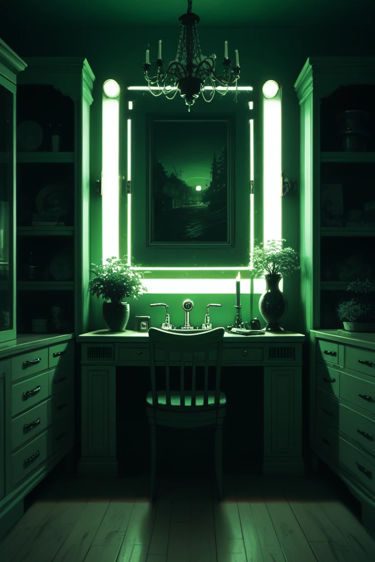 score_9, score_8_up, score_7_up, source_anime, rating_safe, midnight, dark, green theme, natural lighting, vanity room focus, CandiVANITY, 1stclutter, negative space, intricately detailed illustration, depth of field, atmospheric perspective, realistic shading, horror (theme)