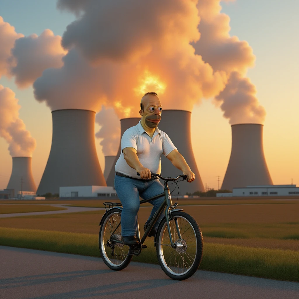 Homer is a man with a white shirt and a jeans. He's riding on a bicycle away from an exploding nuclear powerplant<lora:Homer:0.9>