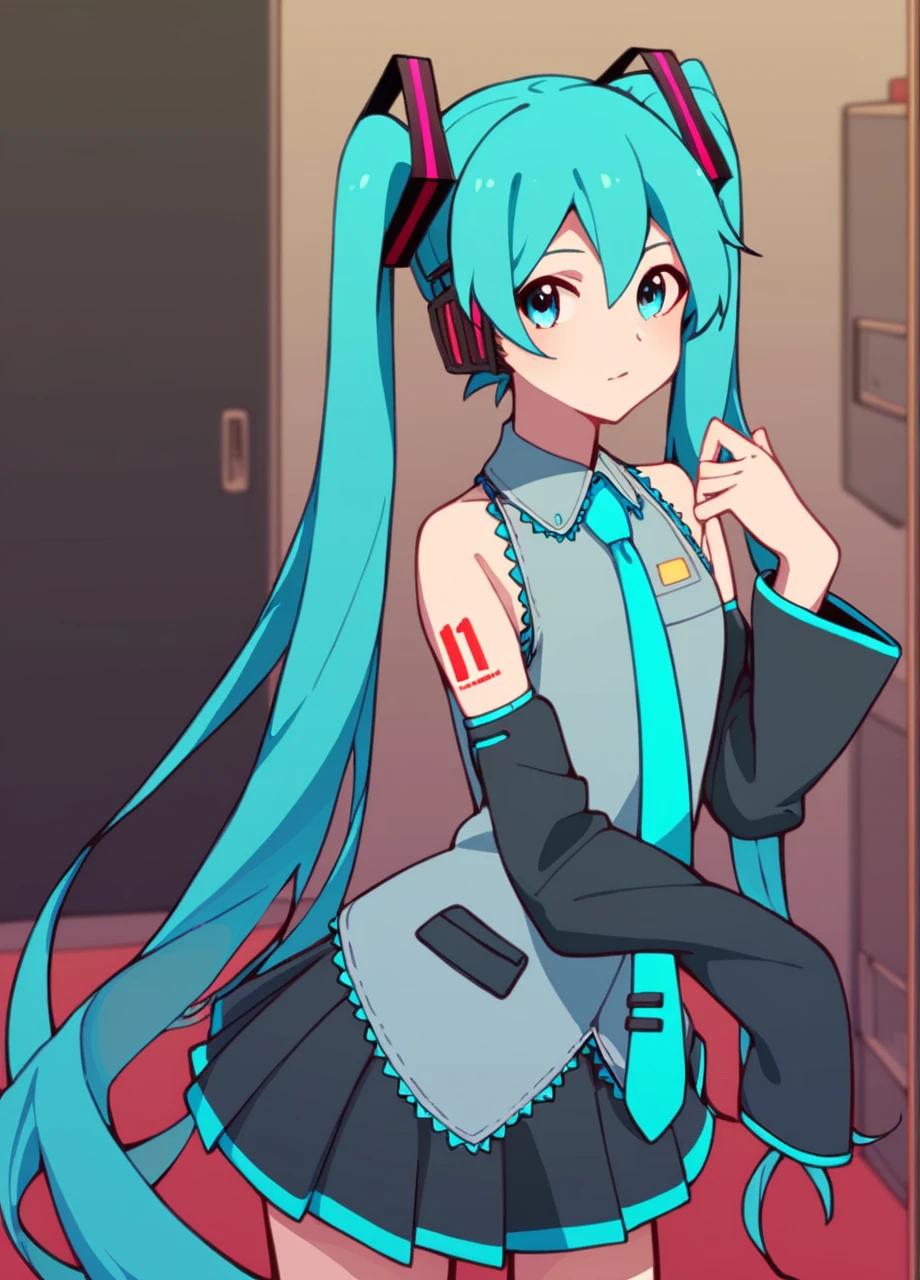 score_9, score_8_up, score_7_up, score_6_up, score_5_up, score_4_up, best quality, amazing quality, best aesthetic, absurdres, million live normal rarity style, cowboy shot, 1girl, solo, indoors, hatsune miku from vocaloid, teal hair, very long twintails, blue eyes, sleeveless grey uniform, blue necktie, detached black sleeves, black skirt, <lora:Normal_Rarity_ML-08:0.7>