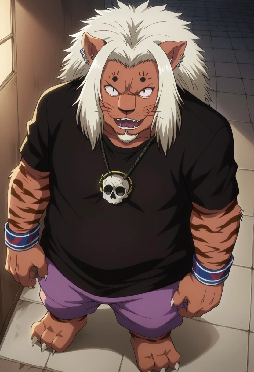 1boy, backlight, detail background, anthro tiger, masculine, white hair, mane, whiskers, pointed ears, short white beard, big eyes, black eyes, wide and flattened nose, wide body, big body, fat, wide arms, 4 fingers, 3 toes, black dot eyes, white claws on fingers and toes, orange body/fur, plump body, overweight, fat, two tone body/fur, tiger striped skin on the arms, tiger-striped skin on legs, Expressiveh, dof, black short sleeve t-shirt, necklace with a large circular skull pendant, striped blue bracelets with red details on both wrists, purple shorts, High angle, diagonal angle, alley, outside, night, standing up, selfie picture, solo male, slight smile, hand on crotch, open mouth