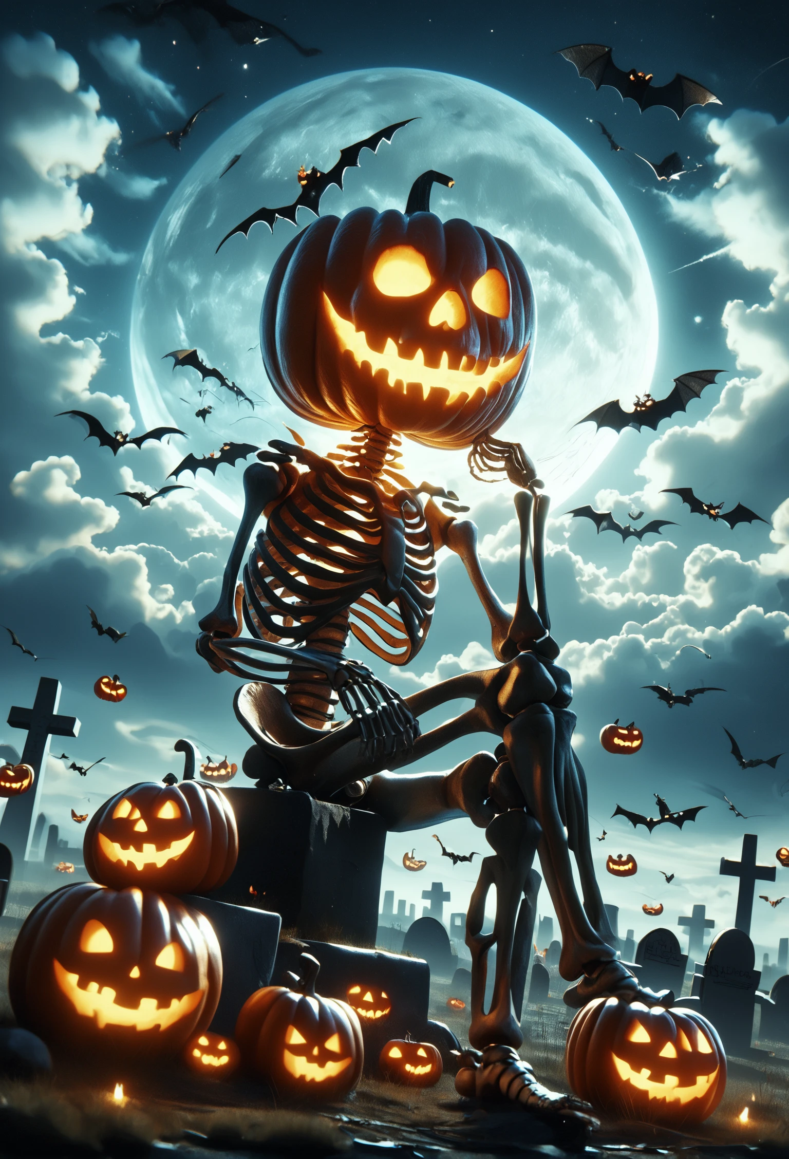 score_9, score_8_up, score_7_up, Skel-o'-lantern, surrounded by many jack-o'-lantern, no humans, sitting in graveyard, crossed_legs, bat flying in the background, night, moon, clouds, starry sky, glowing eyes, glowing mouth,, <lora:Skel-o'-lantern_v2:1.0>