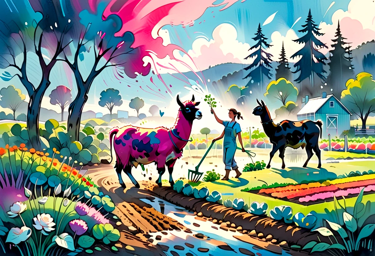 Greenhouse Worker at the (Vegetable Garden), working near a (Cow Pasture) and interacting with (Llama) using Cultivator, to produce Beef while growing (Garlic) in a (a lively field filled with bursts of color). This scene focuses on (a small creature waving a leaf), evoking a sense of quiet exhilaration and embracing the theme of the beauty of randomness. The setting is rendered with a cool blues merging into rich pinks color palette, accented by curved lines guiding motion, faded silhouettes of trees and special stylistic elements like splotches of mixed colors, wide and energetic strokes, quick, sketchy linework. The artwork is created in spontaneous impressionism style with mediums such as marker and paint pen blend, ink with bold splashes of paint, collage with paint overlays.  <lora:artfully_FARMSTORY:1>