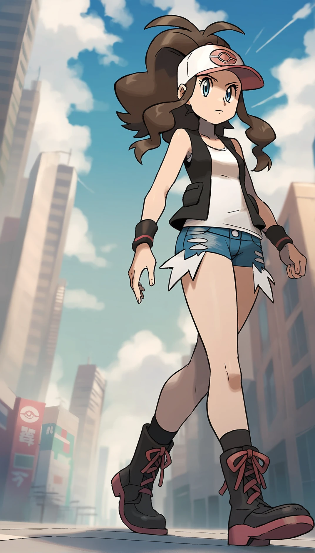 score_9,score_8_up,score_7_up,
<lora:hilda:0.9>,
bwhilda,
1girl,solo,
brown hair,high ponytail,
blue eyes,serious,
black vest,white tank top under the vest,blue denim shorts,black wristbands,
black boots,black socks under boots,
full body,walking,from below,
outdoors,city,sky,skyscraper,blue sky,cloud,