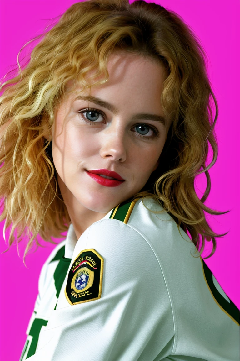 nicolekid-368, ((masterpiece, best quality, high resolution):1.2),  , ((blonde hair)), ((modest, conservative, fully clothed):1.2) ((detailed eyes, detailed face)), (red lipstick, eye shadow, eyeliner), slight smile, , a photo of a woman, soccer uniform, soccer ball, stadium, short, shirt, soccer field, short hair, pixie cut