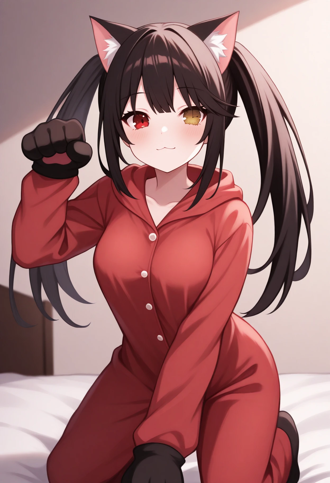 masterpiece, best quality, 1girl, solo, TkskKrmi, black hair, long hair, uneven twintails, heterochromia, red eye, yellow eye, clock eyes, cat ears, red onesie, pajamas, long sleeves, animal gloves, kneeling, on bed, smile, :3, blush, paw pose, medium breasts, <lora:ChamKurumiIllustriousXL:1>