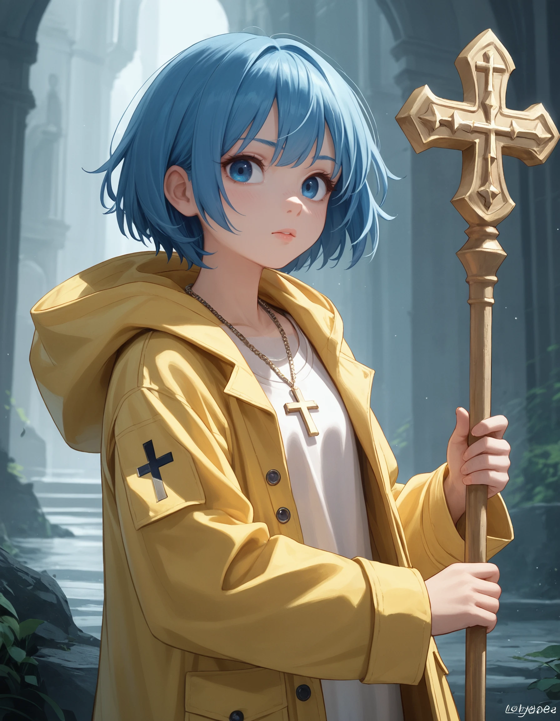 <lora:Luce_Pony-10:0.8> luc3, 1girl, blue hair, short hair, blue eyes, cross necklace, yellow raincoat, holding staff, score_9, score_8_up, score_7_up,