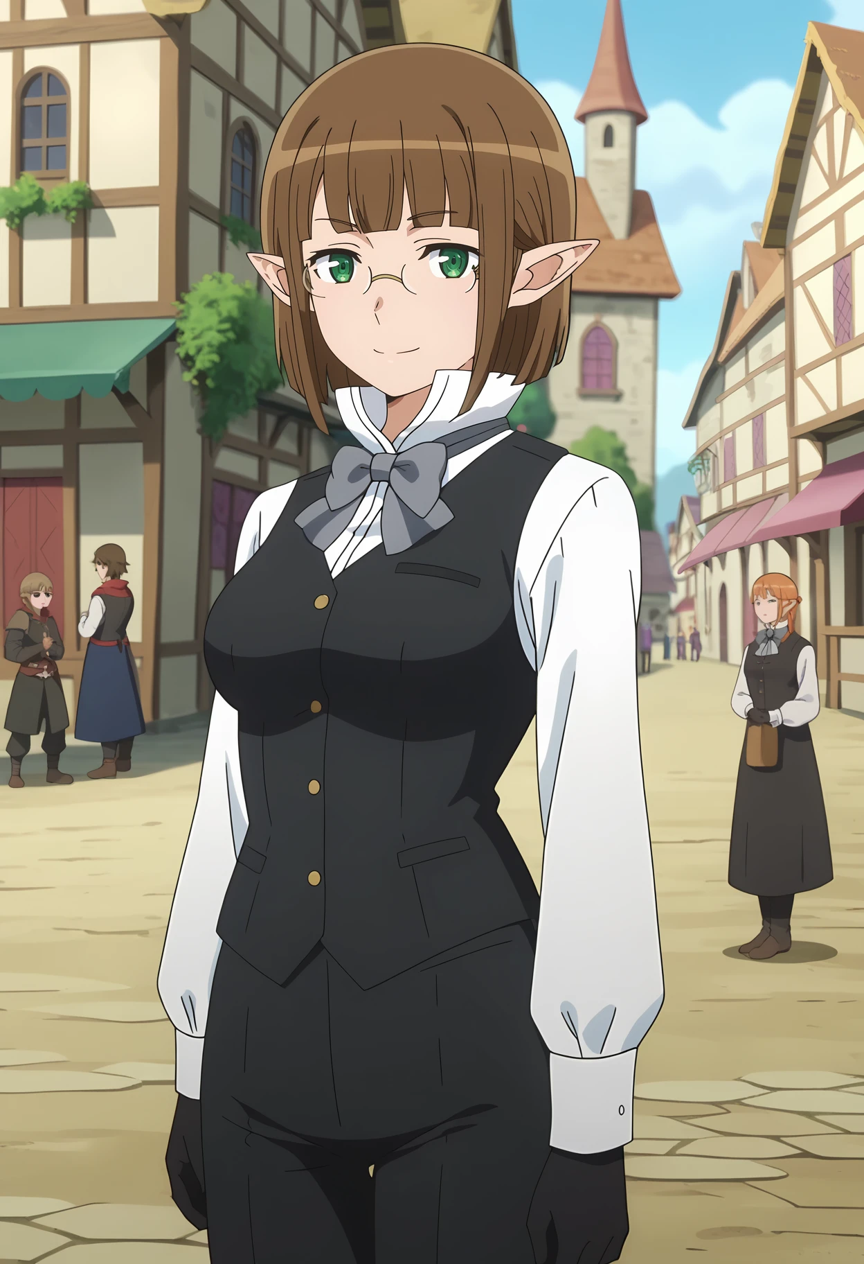 score_7_up, anime screencap,
<lora:DanMachi_EinaTulleXL:0.9>,
1girl, closed mouth, light smile,
short hair, brown hair, blunt bangs, green eyes, pointy ears, rimless eyewear,
EinaUniform, white shirt, high collar, grey bowtie, black vest, long sleeves, black gloves, black pants,
standing, looking at viewer,
town, medieval, blurry background