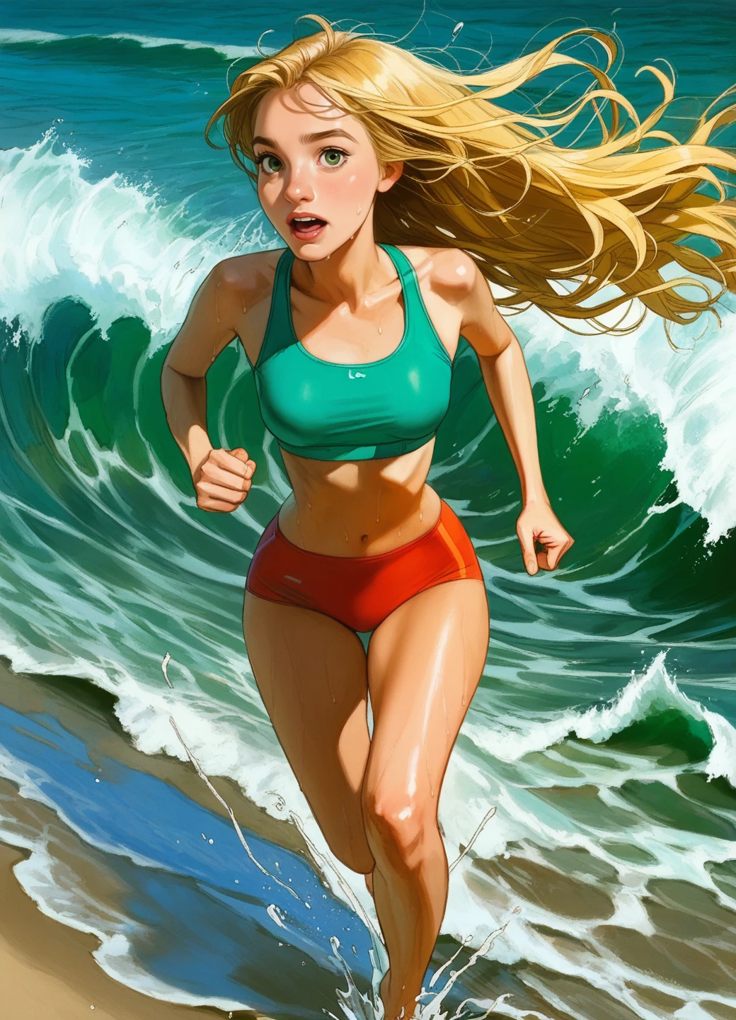 sea_pall, (gabrielpicolo:0.8), letsfinalanswer, score_9, score_8_up, sea, big waves, beach, full shot,
<lora:xgrl03-000010:0.6>, 1girl, xgrl, lips, blonde hair, eyelashes, green eyes, looking at viewer, open mouth, (tongue:0.7), sweat,
very long hair, flying hair, wide hips, sports bra, shorts, shiny skin, barefoot,
solo, running, dynamic, wind, motion lines, splashes