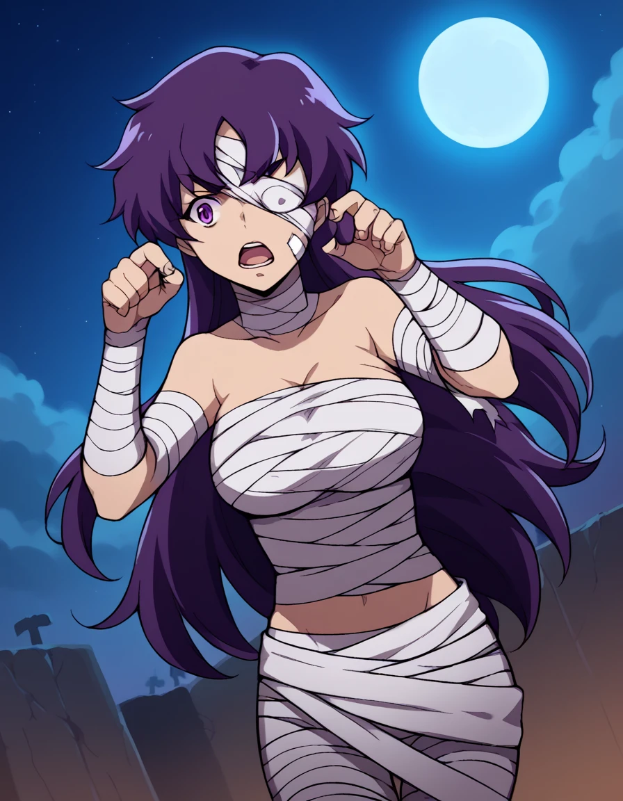 score_9, score_8_up, score_7_up, source_anime, <lora:minene-uryuu-s1-ponyxl-lora-nochekaiser:1>, minene uryuu, long hair, purple eyes, purple hair, large breasts,, <lora:mummy-costume-ponyxl-lora-nochekaiser:1>, mummy costume, bandages, halloween costume, bandaged arm, zombie pose, bandage on face,, desert, moon, night, open mouth, , dutch angle, cowboy shot