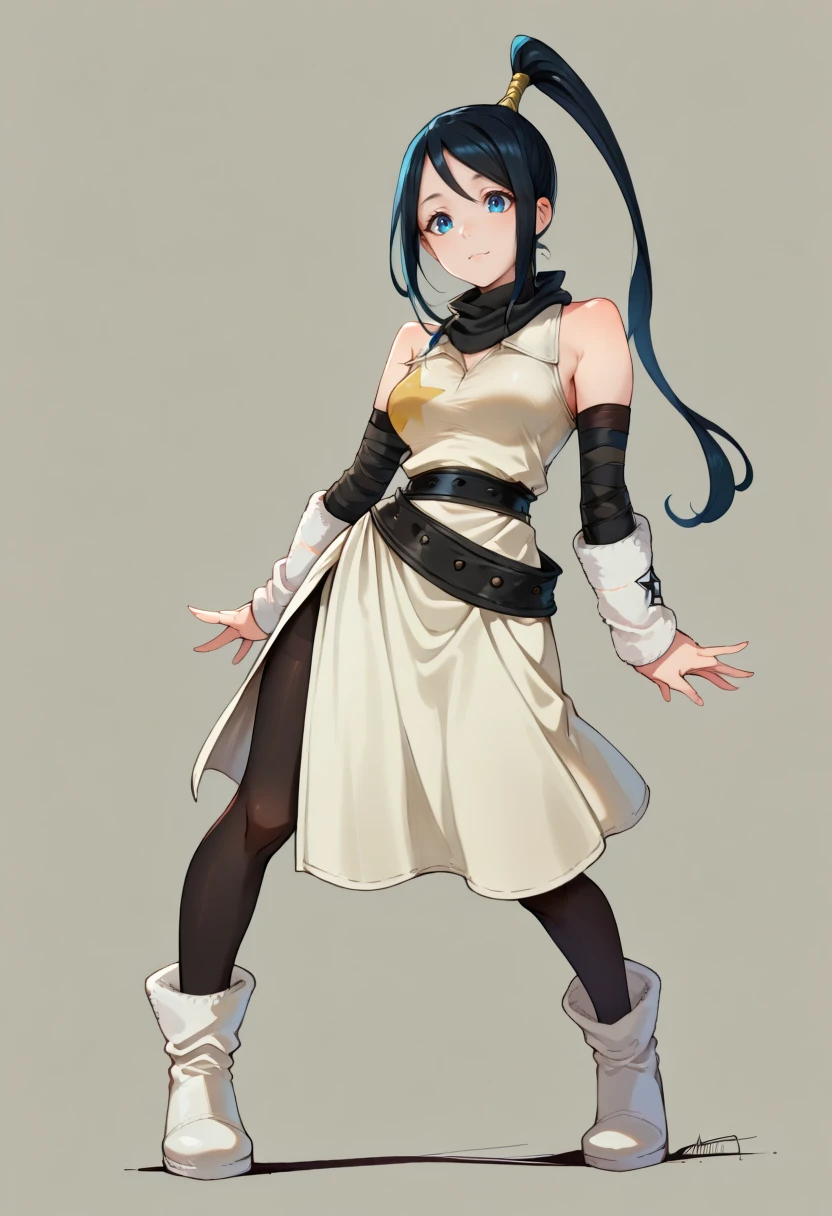 masterpiece, best quality,  mltsubase, black hair, high ponytail, blue eyes, collared dress, black belt, arm warmers, long hair, star (symbol), sleeveless, bare shoulders, black stockings, white footwear,  <lora:Tsubaki-SE-ILXL-T1:1>, white dress, white arm warmers