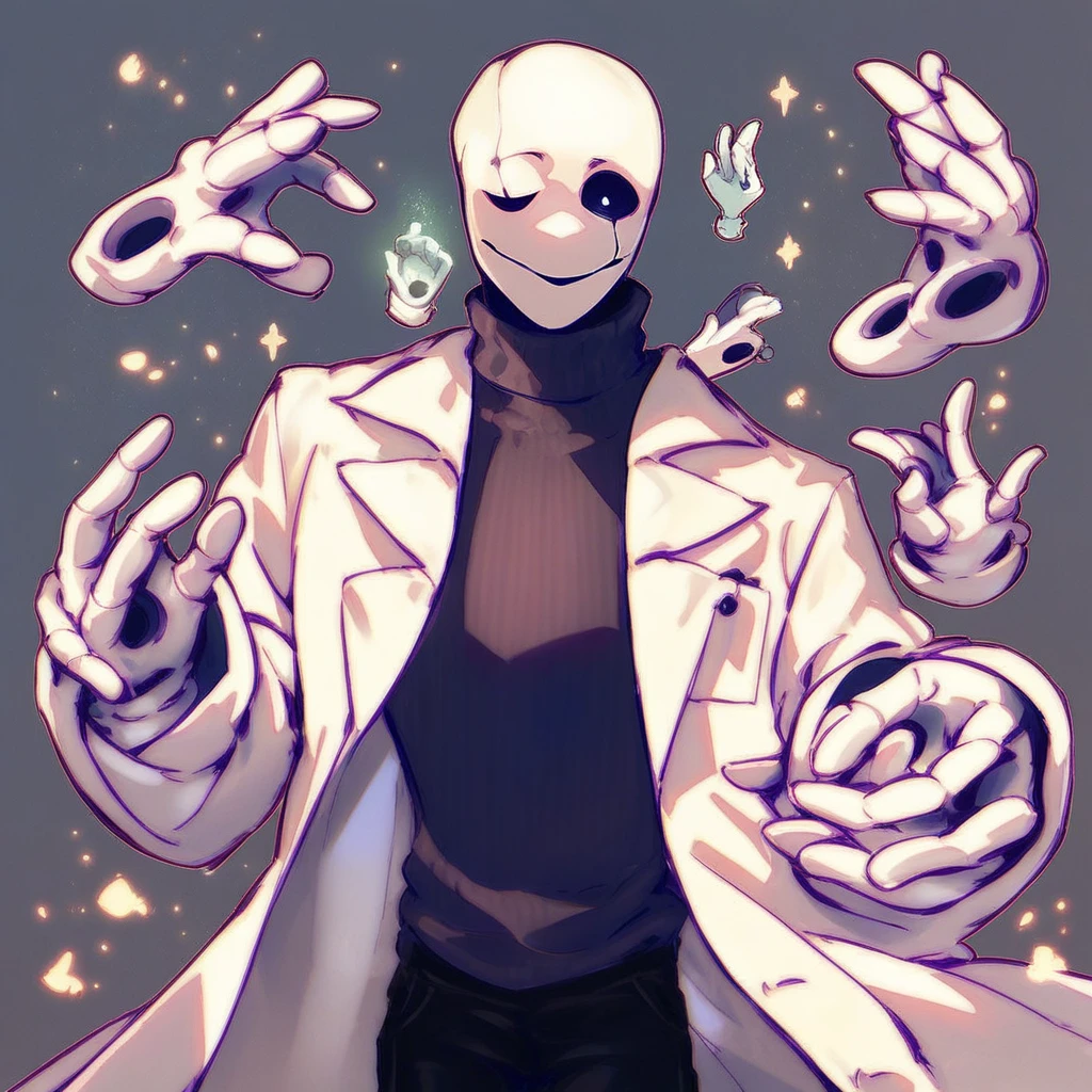 Gaster, 1boy, solo, black eyes, lines over eyes, white sweater, sweater, turtleneck, turtleneck sweater, labcoat, floating hands, extra hands, holes in palms, score_9, score_8_up, score_7_up