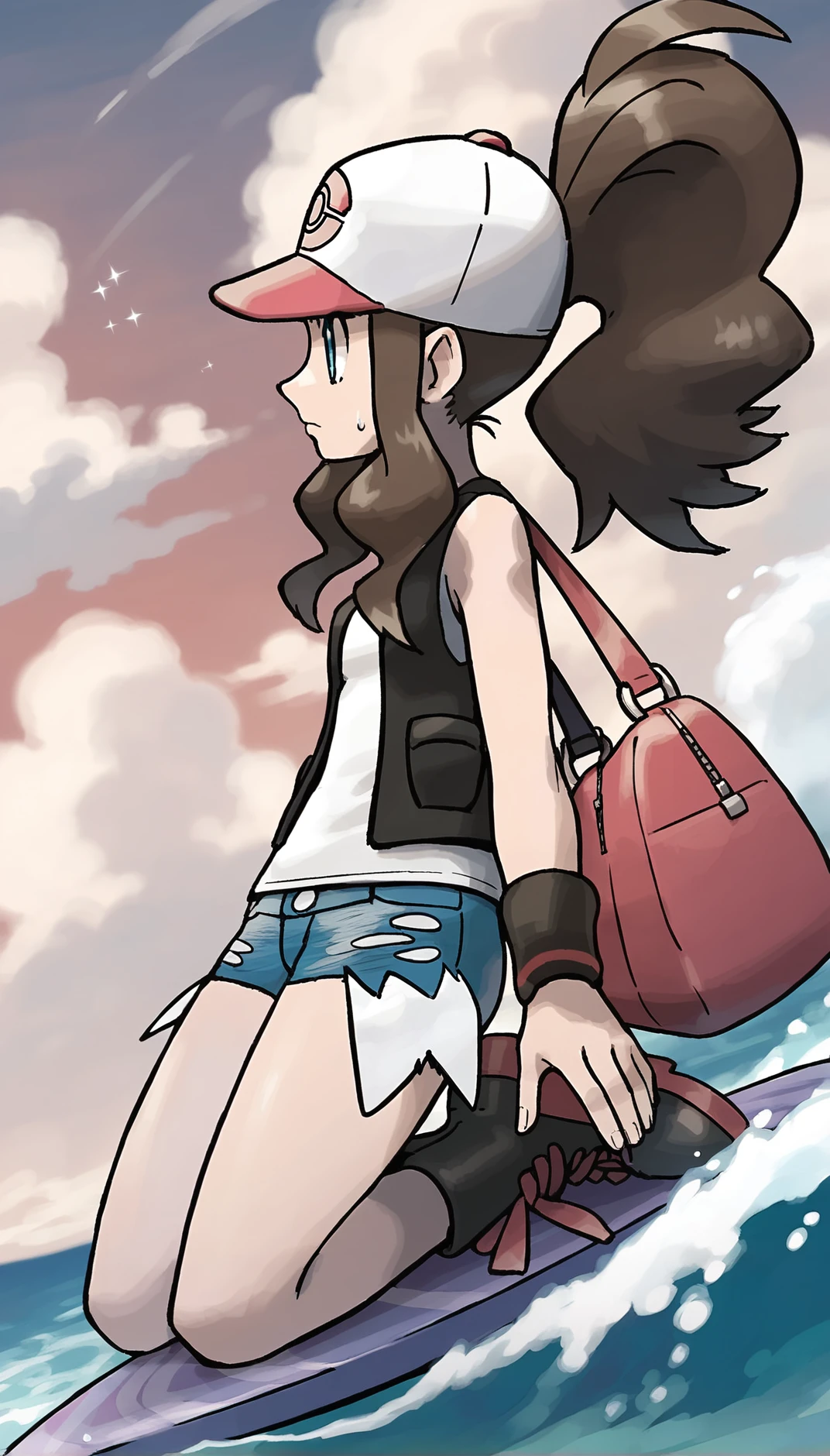 score_9,score_8_up,score_7_up,
<lora:hilda:1>,
bwhilda,
1girl,solo,brown hair,high ponytail,blue eyes,looking ahead,serious face,sweatdrop on face,red and white cap,black vest,white tank top under the vest,blue denim shorts,black wristbands,red bag,black boots,full body,facing aside,surfing on a vibrant blue ocean wave,kneeling on a purple surfboard with her hands gripping the edges,urrounded by splashes of white water,outdoors,blue sky,clouds,ocean,sparkling reflections,