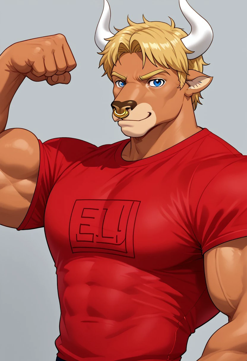 Manny Taur G1, Bull Boy, Blonde hair, blue eyes, bull, white horns, brown fur, anthro, Furry, Muscular, Male, golden nose ring, red shirt, flexing, big muscles, looking at viewer, cocky smirk, solo