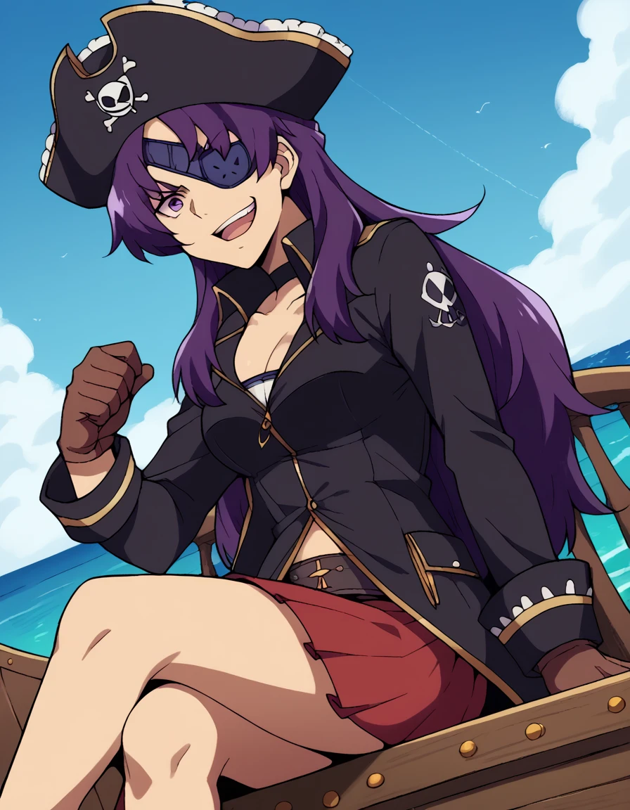 score_9, score_8_up, score_7_up, source_anime, <lora:minene-uryuu-s1-ponyxl-lora-nochekaiser:1>, minene uryuu, long hair, purple eyes, purple hair, large breasts,, <lora:pirate-costume-ponyxl-lora-nochekaiser:1>, pirate costume, pirate hat, skirt, gloves, jacket, shirt, eyepatch,, blue sky, sea, ocean, pirate ship, treasure, gold, smug, open mouth, from below, sitting,, , dutch angle, cowboy shot