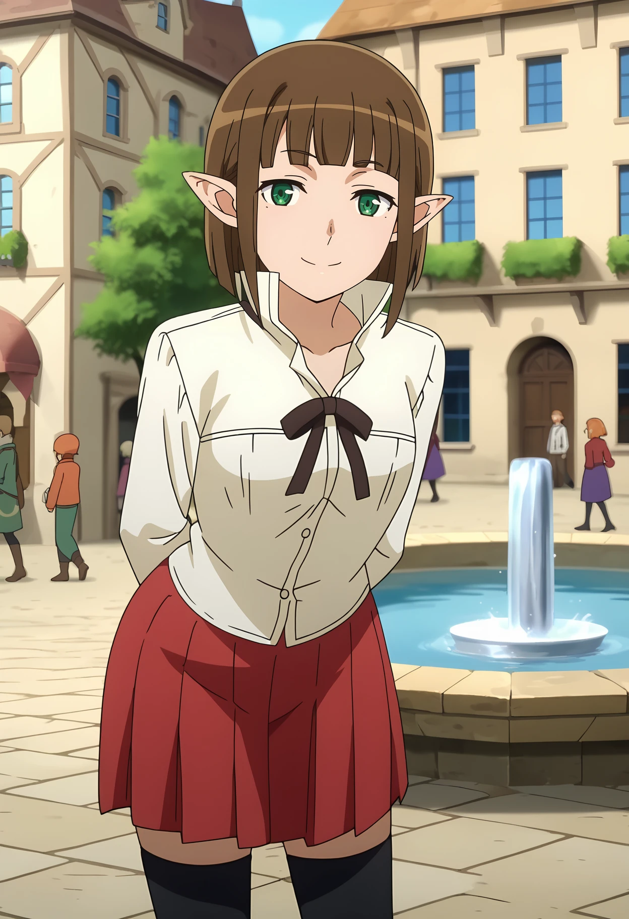 score_7_up, anime screencap,
<lora:DanMachi_EinaTulleXL:0.9>,
1girl, closed mouth, smile, happy,
short hair, brown hair, blunt bangs, green eyes, pointy ears,
EinaCasual, black ribbon, dress shirt, yellow shirt, high collar, open collar, long sleeves, pleated skirt, red skirt, black thighhighs,
arms behind back, leaning forward, standing, looking at viewer,
fountain, town, medieval, blurry background