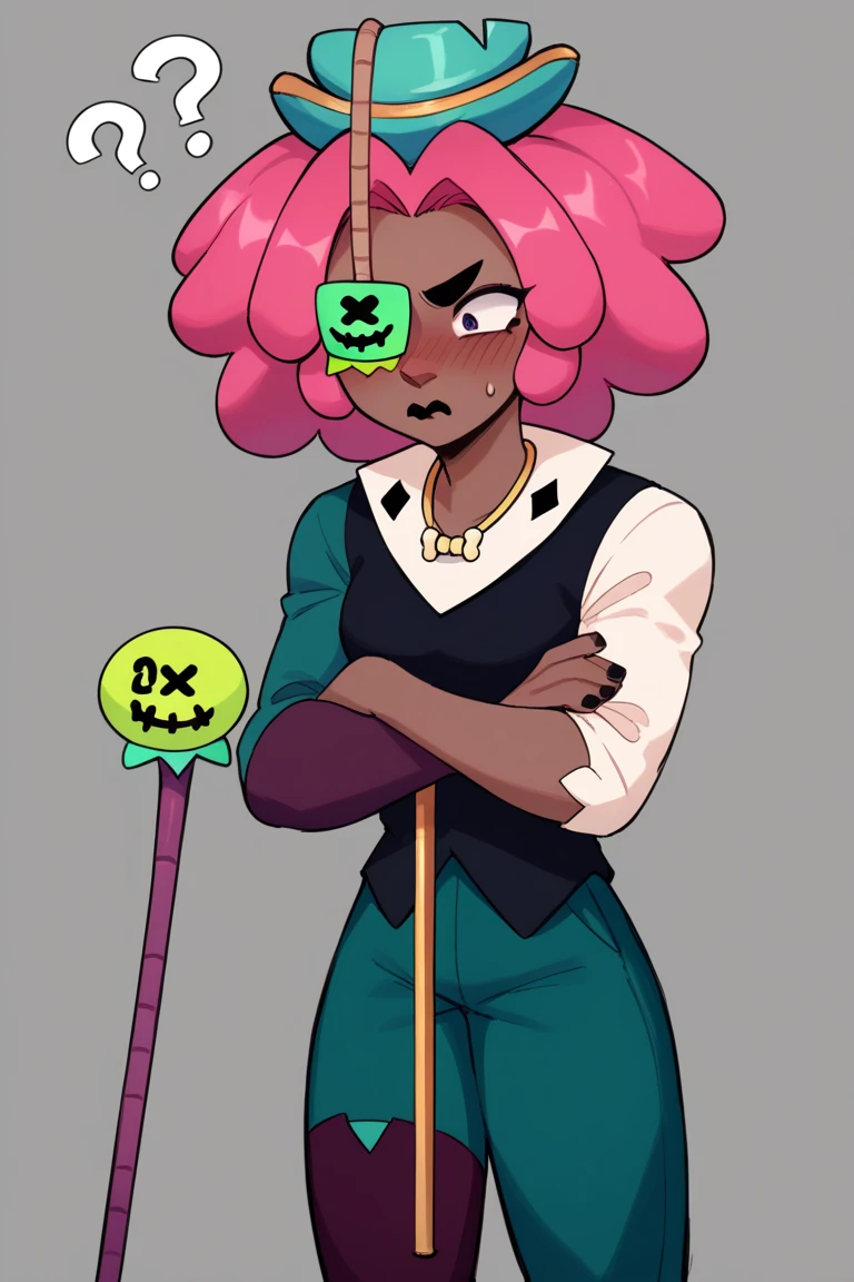 Score_9, Score_8_up, Score_7_up , bsjuju , 1girl , pink hair , short hair ,dark skin , green hat, green pants , black vest , asymmetrical sleeves ,  one-eyed, eye covered  ,Single glove , solo ,simple_background ,  blush , confused , ??? , nervous , scepter