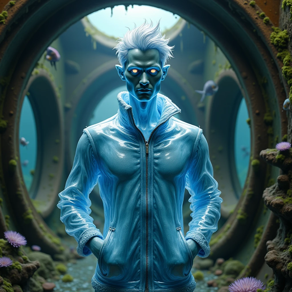 A translucent, aquatic humanoid figure stands within the dimly lit, corroded interior of a sunken submarine, its rusted pipes and torn wires tangled around it like seaweed. The being's body is crafted from shimmering, iridescent water, its surface rippling with subtle, oceanic undulations. The transparent flesh reveals a network of glowing, bioluminescent vessels beneath, pulsing softly like a deep-sea creature.
The figure's facial features are indistinct, yet somehow echo the sharp, chiseled lines of a gray-haired man, as if his visage had been poured into a mold of water and then frozen in time. Its eyes glow like polished mother-of-pearl, shimmering with an ethereal, otherworldly light.
Waterlogged clothing clings to its body, the fabric billowy and sodden, yet somehow maintaining its texture and folds as if still buoyed by the weightlessness of the ocean. The jacket, a deep, foreboding indigo, has its pockets puffed out, as if the being's hands were still stuffed within, holding some hidden treasure or mysterious artifact.
The surrounding environment is a graveyard of human innovation, with crumbling dials, rusted gauges, and tangled copper wiring strewn about, overgrown with anemones and coral. Schools of tiny, luminescent fish dart through the wreckage, their scales flashing like diamonds in the faint, flickering light that seeps through the portholes.
As the being stands amidst the sunken hulk, its watery form seems to blend seamlessly with the surrounding environment, as if it were an extension of the ocean itself, risen from the depths to claim dominion over this lost, forgotten sanctuary.