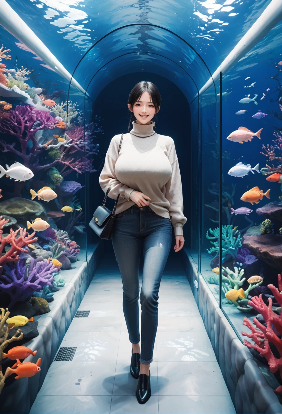 ,ruanyi1155,aquarium,indoors,underwater,vanishing point,
turtleneck sweater,jeans,black footwear,handbag,<lora:1155 aquarium_v1_pony:1>, score_9, score_8_up, score_7_up, score_6_up, score_9, score_8_up, score_7_up, score_6_up source_anime, blush, horny, 1girl, seduce smile, perfect body , natural huge breasts , source _anime,