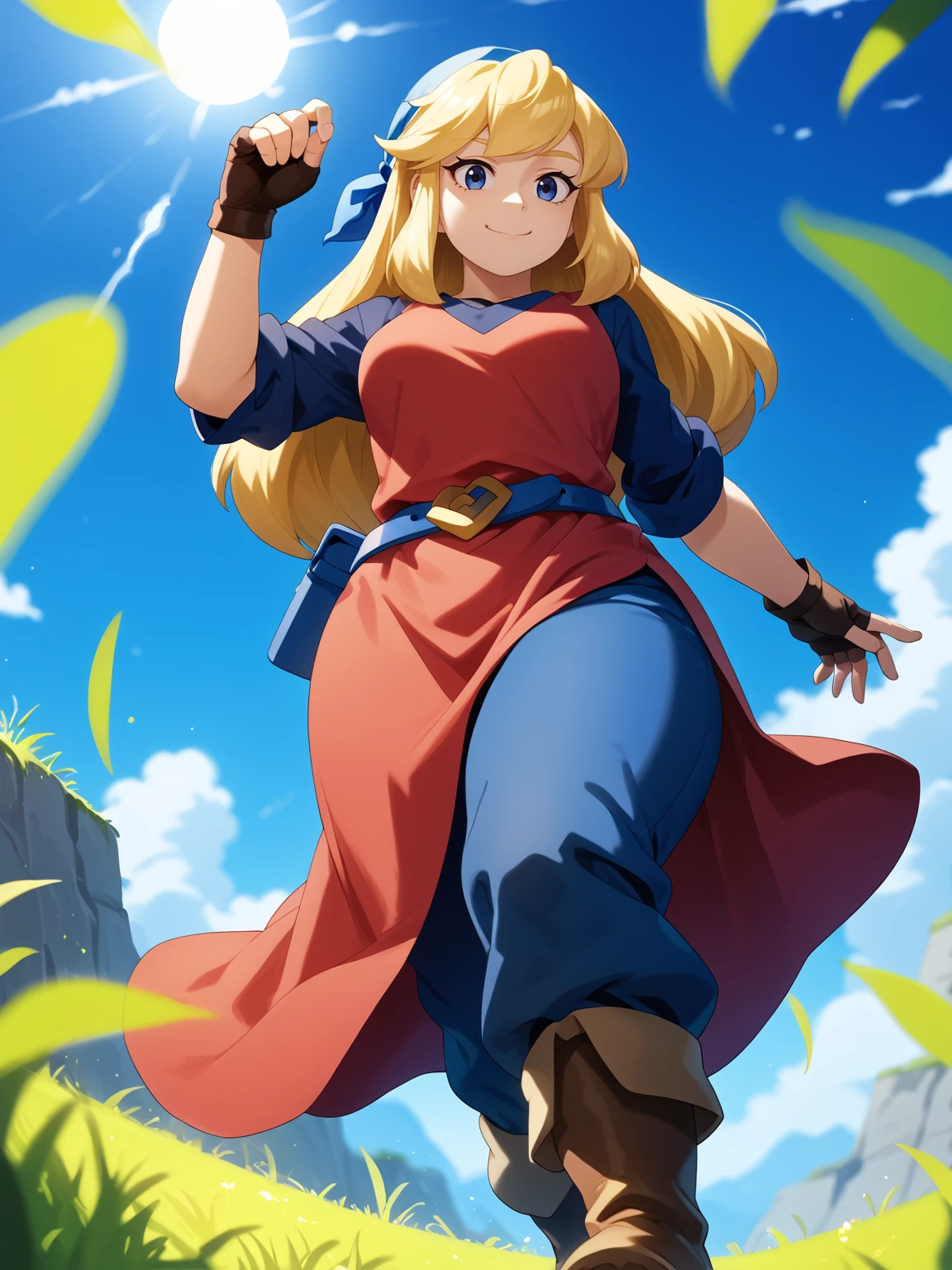 score_9, score_8_up, score_7_up, BREAK,
1girl, cadence, blue eyes, blonde hair, long hair,
thick thighs, blue bandana, red tunic, fingerless gloves, brown boots, belt, blue pants,
view from below, solo, looking at viewer, looking down, grassland, grass, blue sky, smile   <lora:CadencePDXL_byKonan:1>