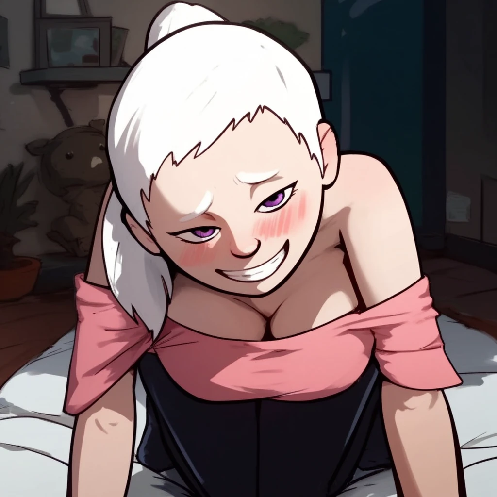 score_9, score_8_up, score_7_up, score_6_up, score_5_up,  1girl, solo, on all fours, 3/4 angle,
<lora:Lulu (Storybooth):0.9> Lulu_Storybooth, albino, purple eyes, smile, crop top, off shoulder, leggings, blush, half-closed eyes, grin,
looking at viewer, surprise, large breasts,
indoors,
<lora:Expressive_H:0.7> Expressiveh,
<lora:add-detail-xl:0.9>
<lora:light:1> neolight