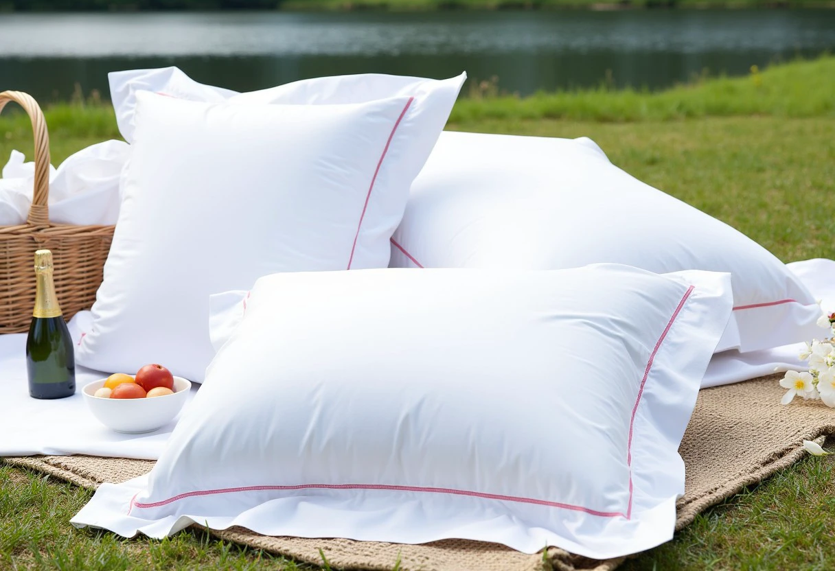 On a grassy area at the edge of a lake, lay several large european pillows with a square shape, alongside a basket of food and a bottle of champagne. The pillowcase is white smooth and plush. The pillowcase has a high, light pink piping trim that runs along the edges of the pillow, with a smooth, featuring a hemstitched edge that creates a wide ruffled, giving it a crisp and slightly silky look. The pillowcase is adorned with a simple, glossy appearance. The pillowcase has a scalloped edge.