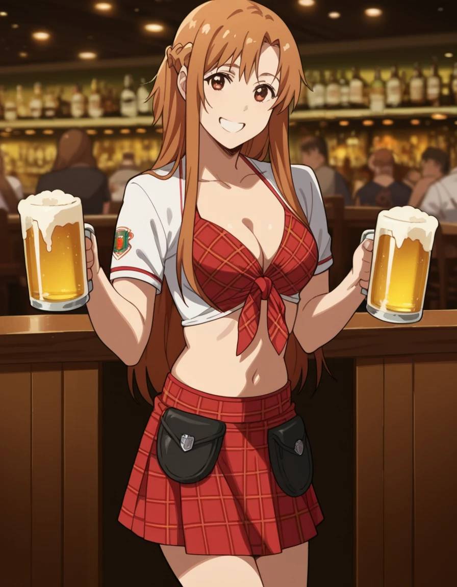 score_9, score_8_up, score_7_up, source_anime, asunayuuki, <lora:asuna-yuuki-s1-ponyxl-lora-nochekaiser:1>, asuna yuuki, long hair, brown hair, brown eyes, medium breasts,, <lora:tilted-kilt-waitress-uniform-ponyxl-lora-nochekaiser:1>, tilted kilt waistress uniform, midriff, skirt, cleavage, front-tie top, plaid,, bar, smile, beer, holding beer,, cowboy shot, looking at viewer