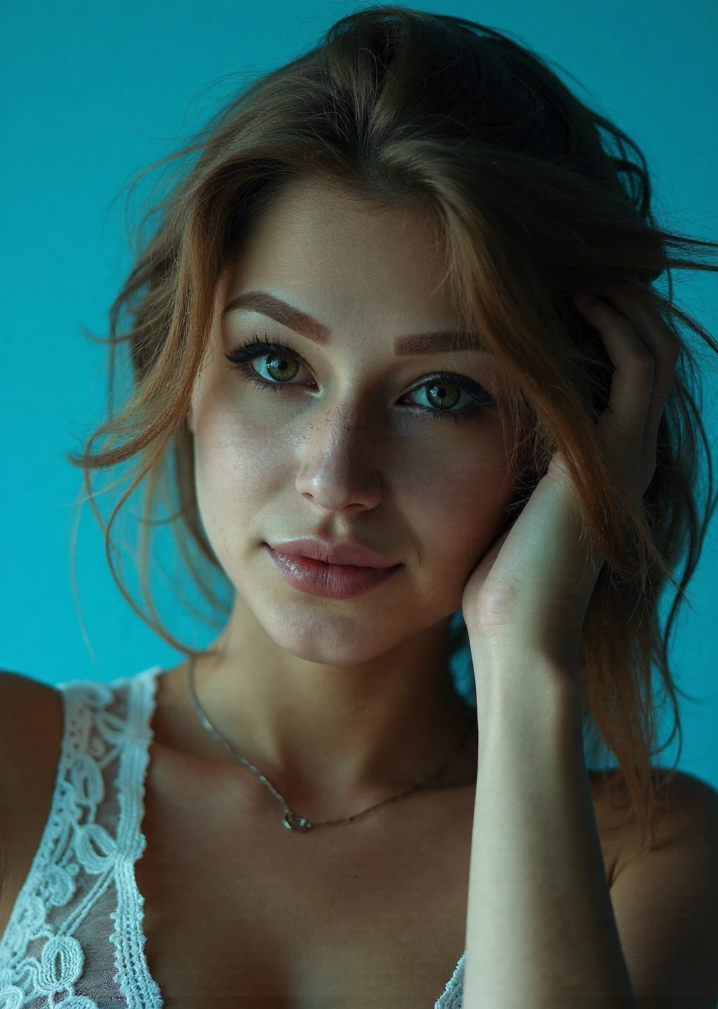 full-length photo, Portrait of a woman , soft diffused lighting, teal blue background, warm color palette, shallow depth of field, medium close-up composition, studio photography, high-resolution detail, soft skin texture, delicate white lace garment, elegant pose with hand near face, wispy flyaway hair strands, professional beauty photography, 85mm lens, soft glamour lighting. Inspiration: Ryan McGinley, Guy Aroch. Avantgarde, bold, intriguing, artsy.