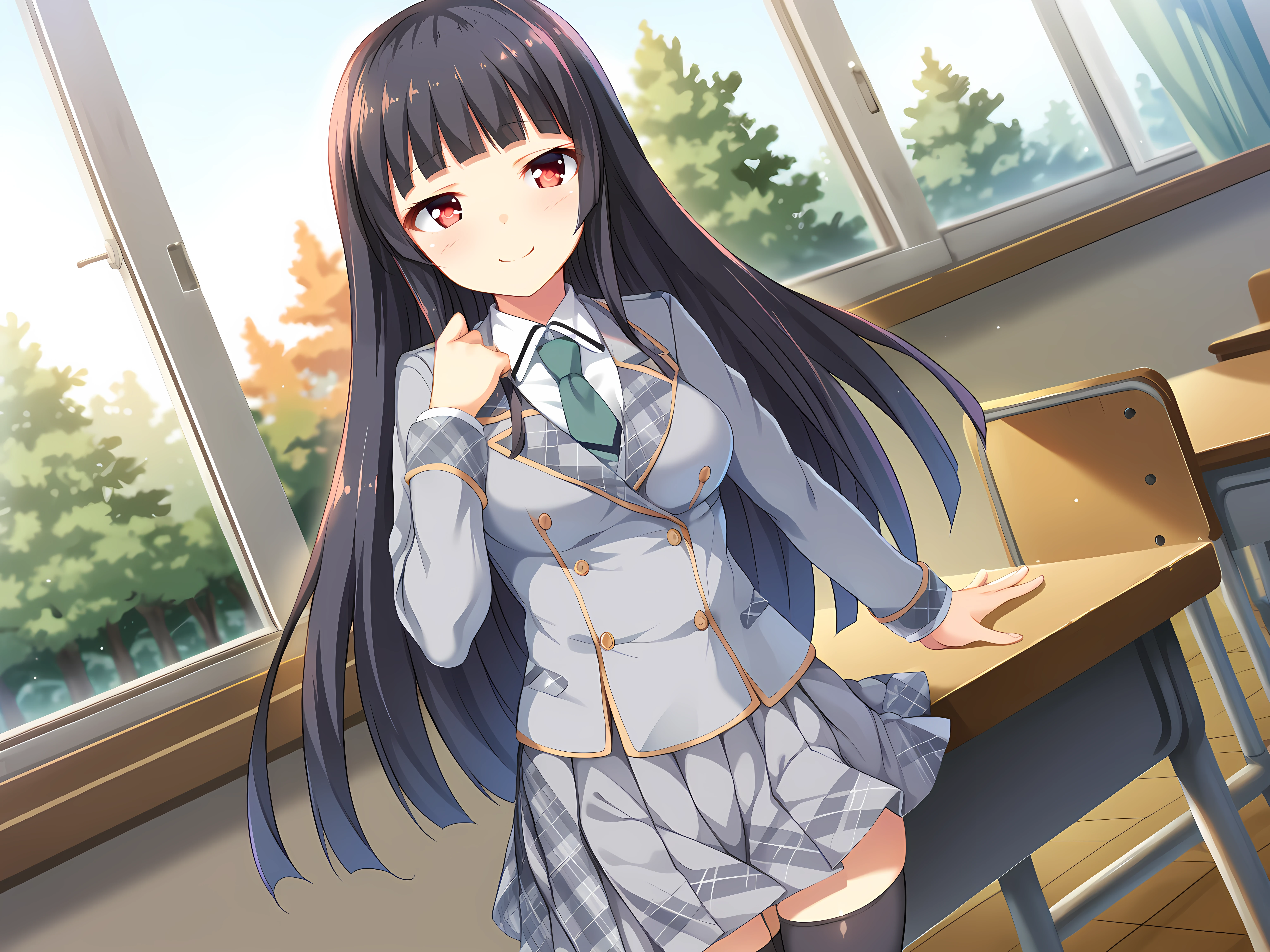 <lora:ESCUDE_-_Yamizome_Revenger_-_All_in_One:1>,escude, kokoro, kokoroschool, 1girl, solo, long hair, thighhighs, skirt, black hair, school uniform, black thighhighs, bangs, necktie, smile, blush, breasts, long sleeves, grey skirt, blunt bangs, pleated skirt, jacket, red eyes, medium breasts, hime cut, very long hair, collared shirt, hand up, shirt, grey jacket, indoors, classroom, window, tree,, score_9, score_8_up, score_7_up,source_anime,(masterpiece),(best quality),(ultra-detailed),(best illustration),(best shadow),(absurdres),(detailed background),(very aesthetic),source_anime