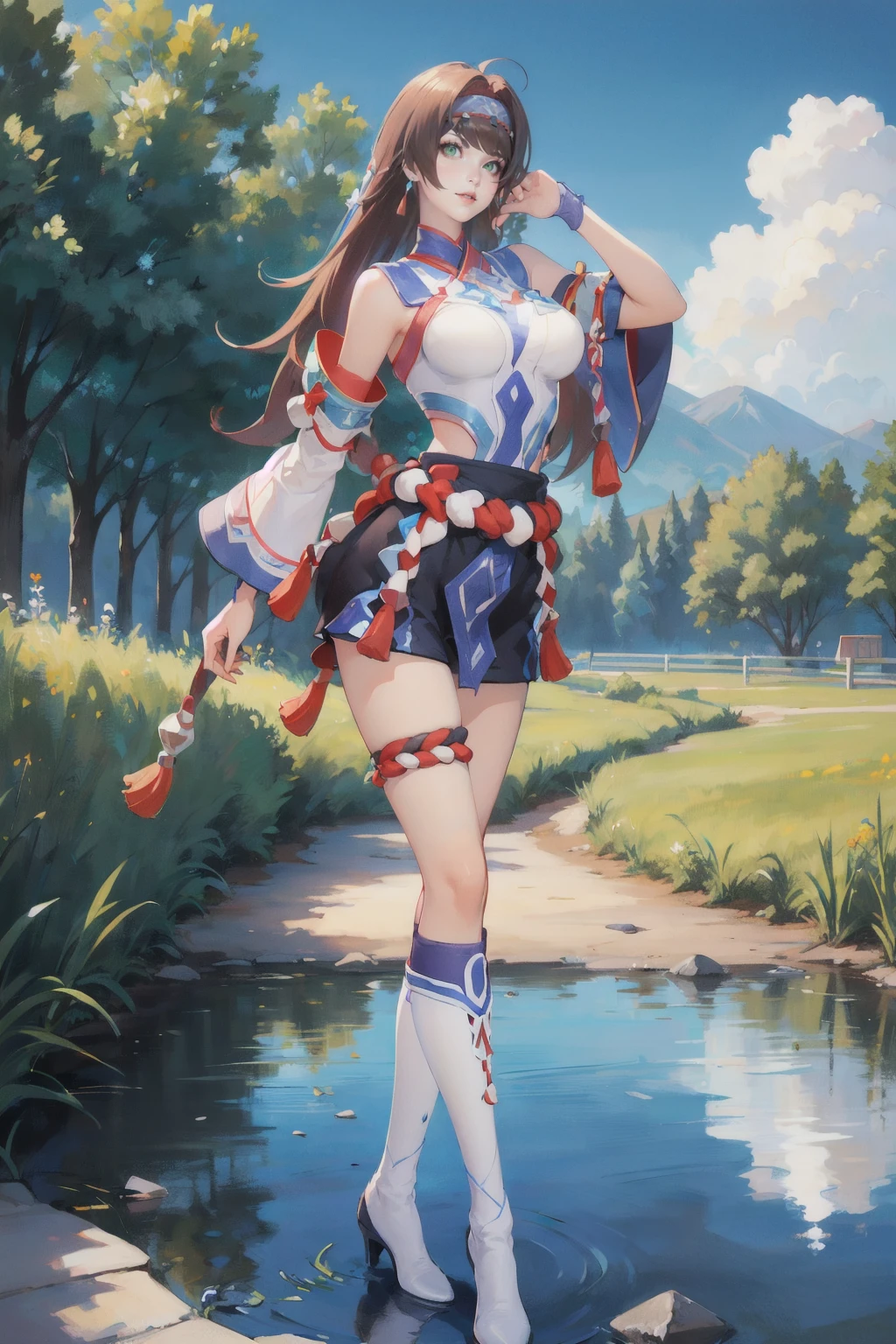 <lora:Veres_The_Poet_AoV_Model_LoRA:0.8>, Veres_The_Poet, 1girl, solo, long hair, brown hair, jewelry, headband, earrings, looking at viewer, green eyes, lips, parted lips, breasts, large breasts, japanese clothes, rope, tassel, shimenawa, skirt, legs, thigh strap, boots, knee boots, high heels, white footwear, jewelry
((upper body, pose, walkimg))
, flower, outdoors, sky, day, cloud, water, tree, blue sky, cloudy sky, grass, nature, scenery, reflection, best quality, ultra high res, (photorealistic:1.4), masterpiece, real life skin, hyper real