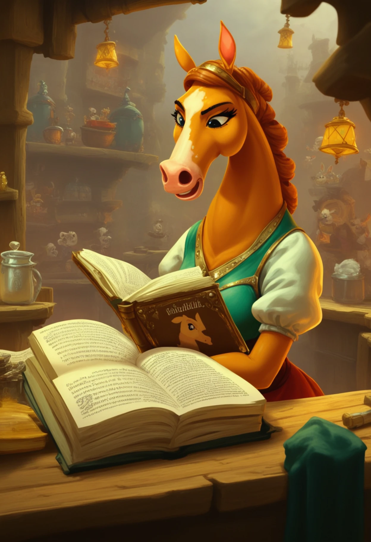 raymanstyle, safe_pos, score_9, score_8_up, score_7_up, 1girl, solo, medieval fantasy, female horse, furry, reading a book, tavern, hooves