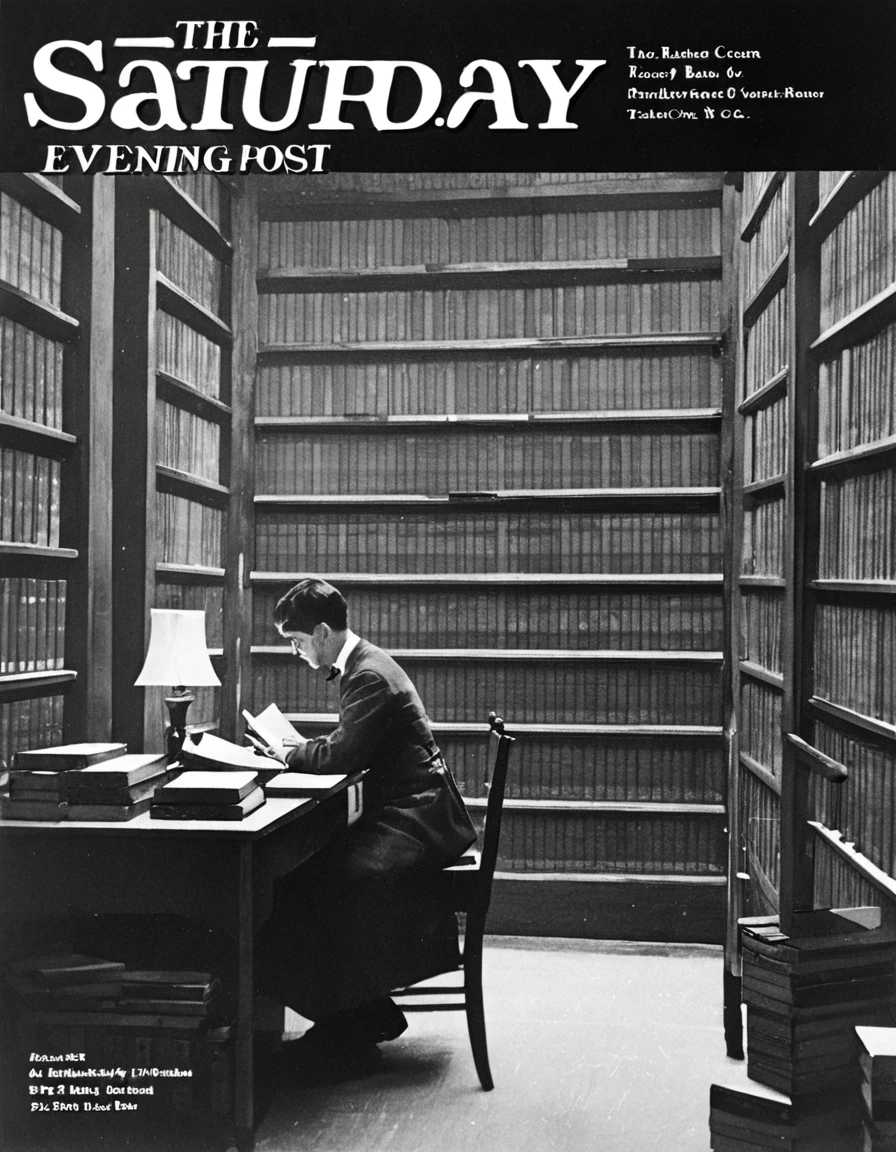 SEP_Post_BW, cover20s, a cover for the saturday evening post featuring books in a library, <lora:Saturday_Evening_Post:1>