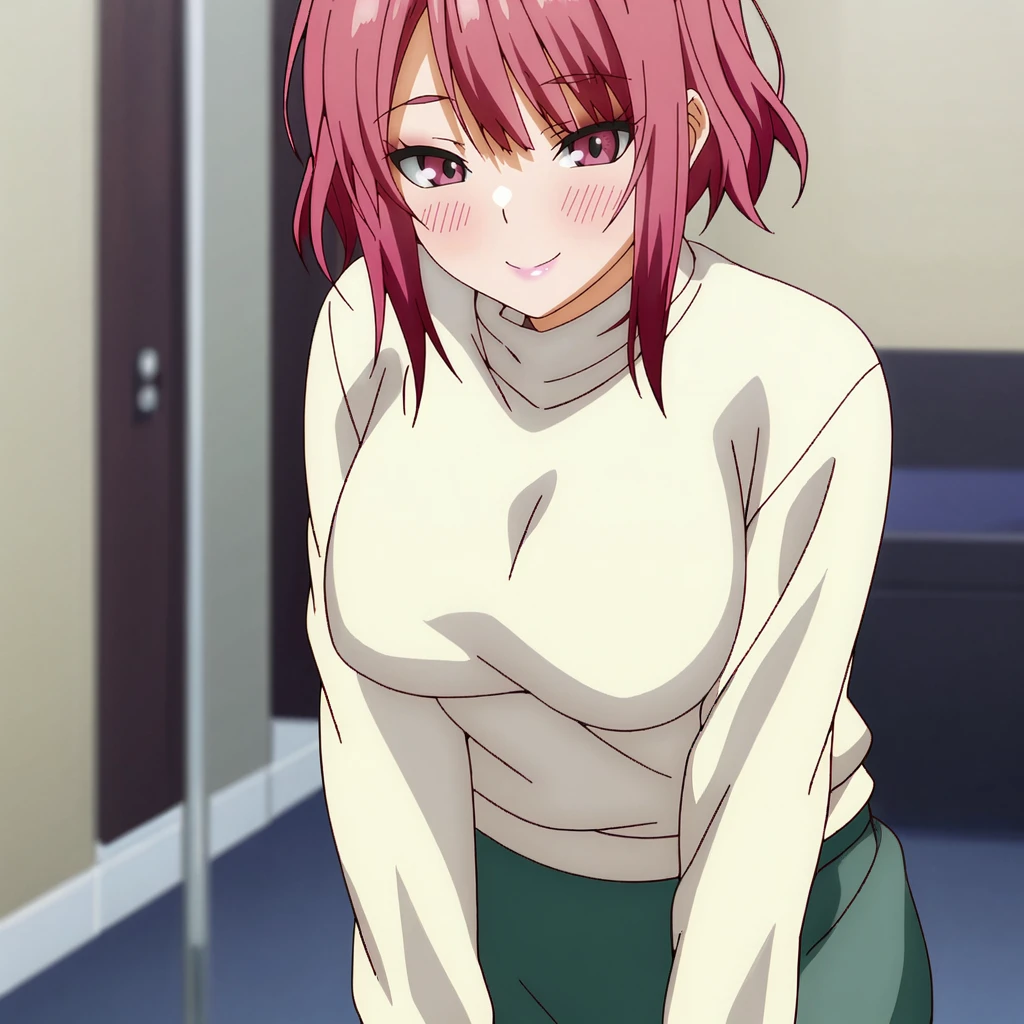 <lora:MihoNoticeThisLoveAnimation_pony_v1:.8>  Miho, 1girl,  solo,large breasts, sweater, pink hair, green skirt, pink eyes, short hair, bangs, long sleeves, turtleneck