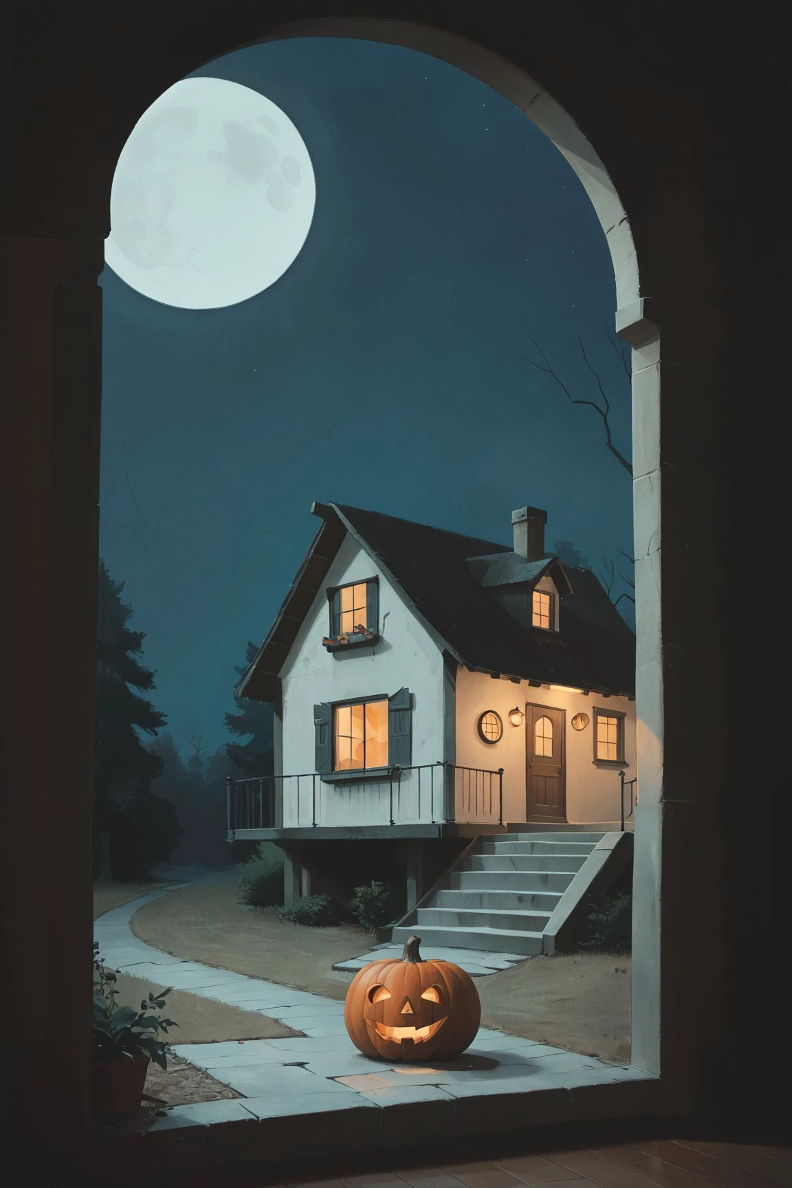 score_9, score_8_up, score_7_up, score_6_up, 
Gothic, Halloween, spooky house in background with broken windows, light coming from inside of house, BREAK,
a spooky tree, Jack-o-Lanters, Blue Moon, Dark Night,