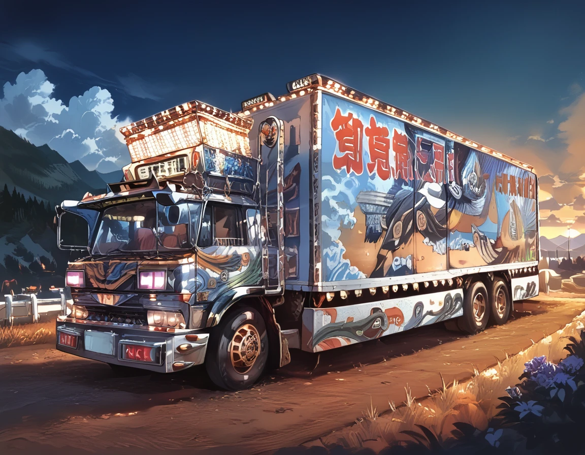 score_9, score_8_up, score_7_up, source_real,realistic, photorealistic, BREAK 
Dekotora, ground vehicle, motor vehicle, vehicle focus, cloud, outdoors, scenery, night Mountain, Darkness <lora:BDpony_Dekotora_V1-6048:1>