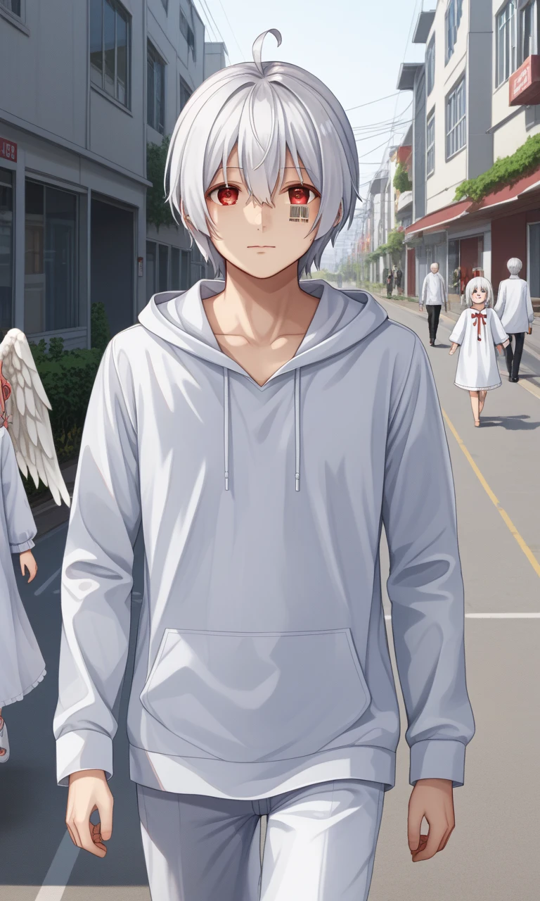 walking, MafuMafu, silver hair, red eyes, ahoge, cheek barcode, hoodie, pants, bare feets, angel wings, nimbus, little doll