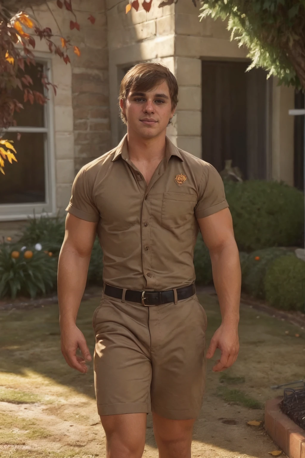 <lora:sc_owen_epoch_8:0.8> male sksperson, relaxed confident expression, wearing fitted ups-outfit, collared shirt, halloween decorations, New England autumn  <lora:Clothing - Sexy Delivery Man - UPS:0.8> BREAK blurred background, golden hour, dappled sunlight, soft shadows