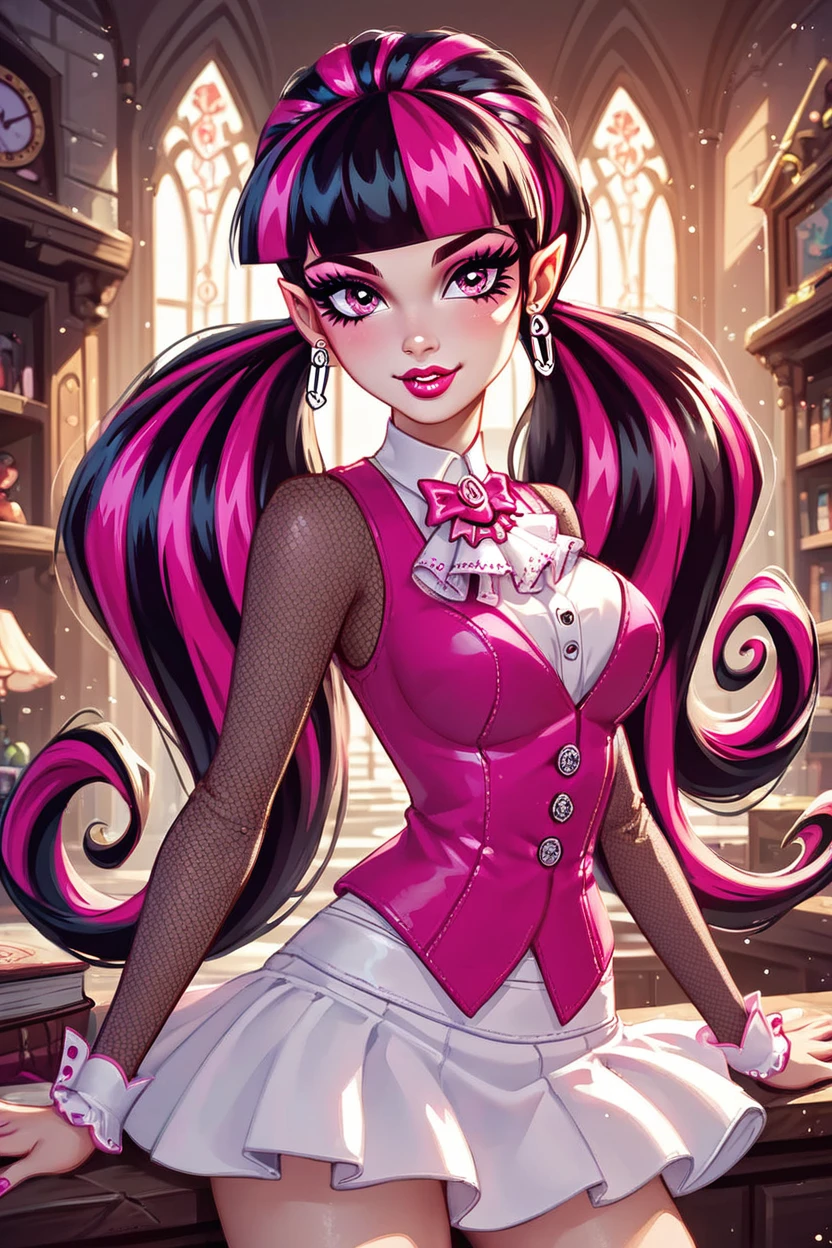 score_9, score_8_up, score_8, medium breasts, (curvy), cute, eyelashes,      ,,, white skirt,  zzDraculaura, solo, twintails, multiclored hair, pink hair, black hair, pink eyes, pointy ears, earrings, fishnet sleeves, frilled sleeves, long sleeves, blunt bangs, monster high, pink vest, white skirt, pink knee boots,  <lora:Draculaura_MH_PDXL_v5:1.0>,  ,,, smile, looking at viewer,  ,,, <lora:Hyperdriver_PDXL_v5:0.7>,  embedding:zPDXL, Expressiveh, <lora:Expressive_H-000001:0.4>,