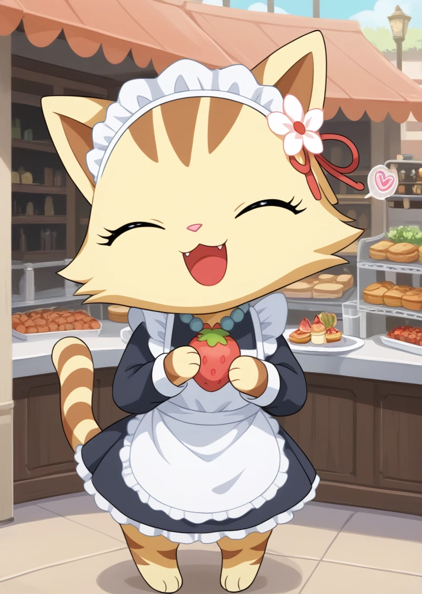 score_9, score_8_up, score_7_up, score_6_up, score_5_up, BREAK
s4ngo, anthro, female, jewelpet, cat, solo, open mouth, hair ornament, closed eyes, jewelry, flower, food, hair flower, necklace, no humans, :3, fruit, strawberry, standing, cafe, maid outfit, maid headdress, spoken heart, eating sweets, happy, smile