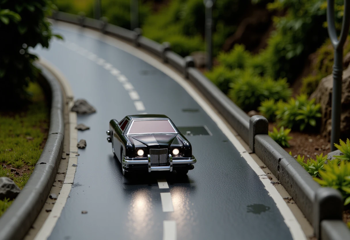 a diorama of a plastic model kit featuring, th3carmin,Image of a black car driving on a wet road, with a sense of speed and motion. The car is positioned in the center of the image, and the road appears to be wet, possibly from rain or recent use. The car is the main focus of the image, and the surrounding environment adds to the overall atmosphere of the scene..