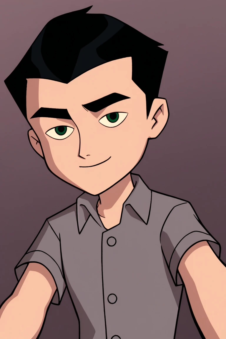 the_grayson, solo, selfie,pov,smile,short hair, shirt, black hair, 1boy, closed mouth, green eyes, upper body, short sleeves, male focus, buttons, expressionless, thick eyebrows, grey shirt