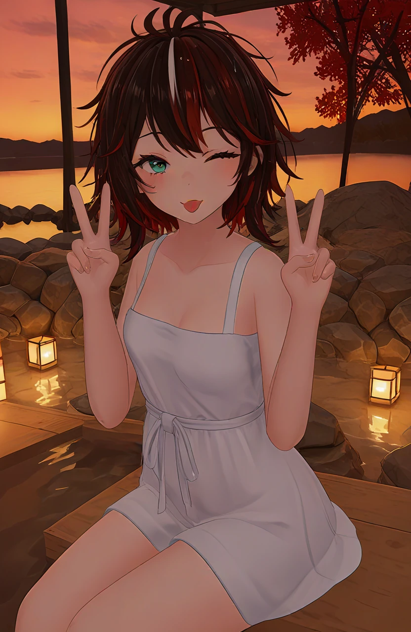 score_9, 1girl, multicolored hair, dress, short hair, messy hair, tongue out, one eye closed, double v, sunrise, sitting, onsen <lora:VRChat_Style:0.85><lora:sdxl_lightning_8step_lora:1.0>