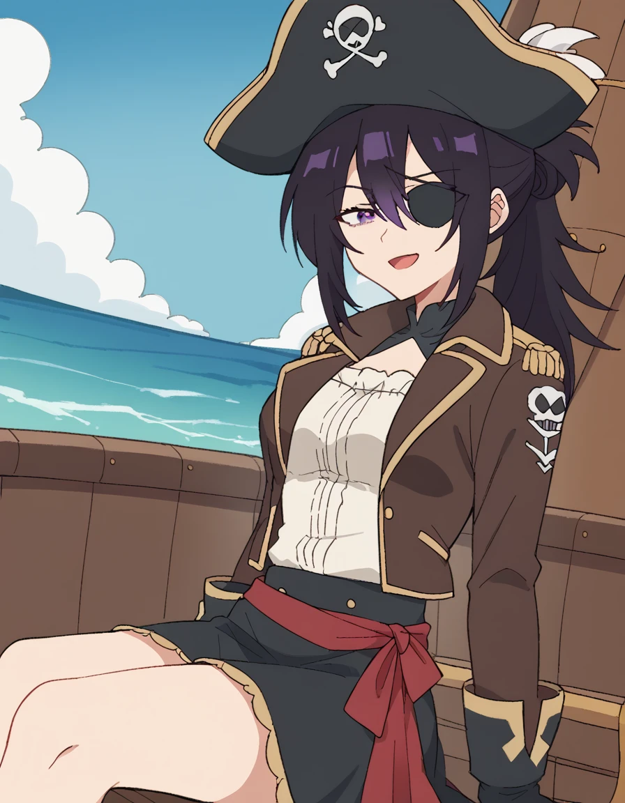 score_9, score_8_up, score_7_up, source_anime, <lora:motoko-izumi-s1-ponyxl-lora-nochekaiser:1>, motoko izumi, long hair, black hair, hair between eyes, purple eyes, ponytail, medium breasts,, <lora:pirate-costume-ponyxl-lora-nochekaiser:1>, pirate costume...