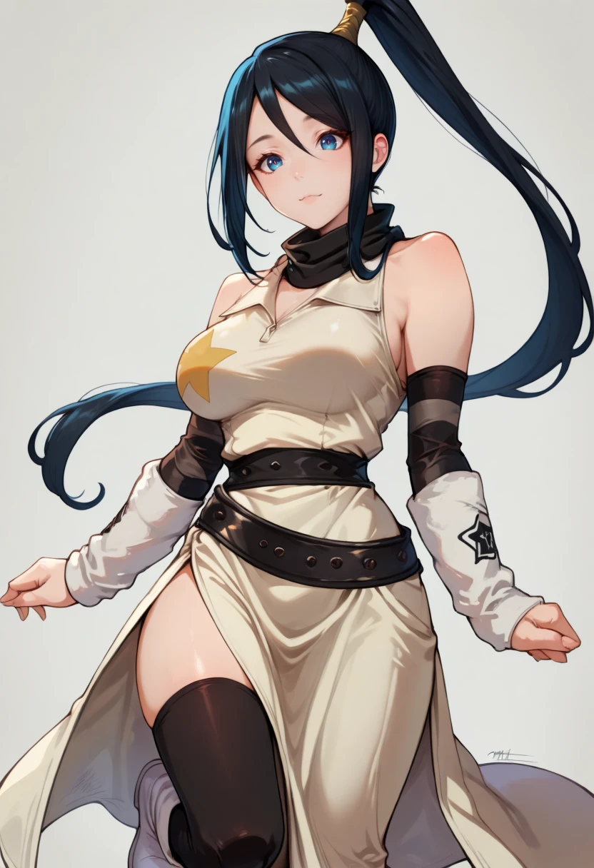 masterpiece, best quality,  mltsubase, black hair, high ponytail, blue eyes, collared dress, black belt, arm warmers, long hair, star (symbol), sleeveless, bare shoulders, black stockings, white footwear,  <lora:Tsubaki-SE-ILXL-T1:1>, white dress, white arm warmers, thigh highs,