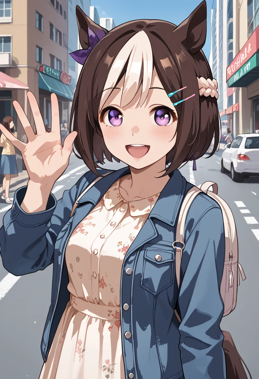 <lora:Special_Week_v2.0_Cibitai:0.8>,UMASW,horse ears,horse tail,purple eyes,hair bow,short hair,crown braid,brown hair,two-tone hair,multicolored hair,CASUA7,dress with a floral pattern,denim jacket,backpack,hairclip,city,1 hand waving, score_9, score_8_up, score_7_up,source_anime