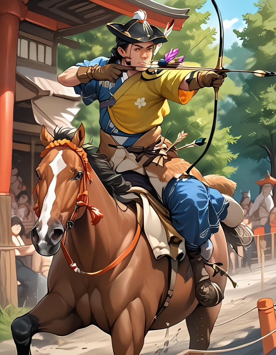 score_9, score_8_up, score_7_up, source_real,realistic, photorealistic, BREAK <lora:detailed_notrigger:1> <lora:zy_Detailed_Backgrounds_v1:1> extremely detailed, detailed background,
Yabusame, horseback riding, riding, horse, 1boy, gloves, arrow (projectile), male focus, weapon, bow (weapon), archery, hat, japanese clothes, flower, solo, brown gloves, black hair, aiming, holding, animal, saddle, holding bow (weapon)  <lora:BDpony_Yabusame_V1-5304:1>,