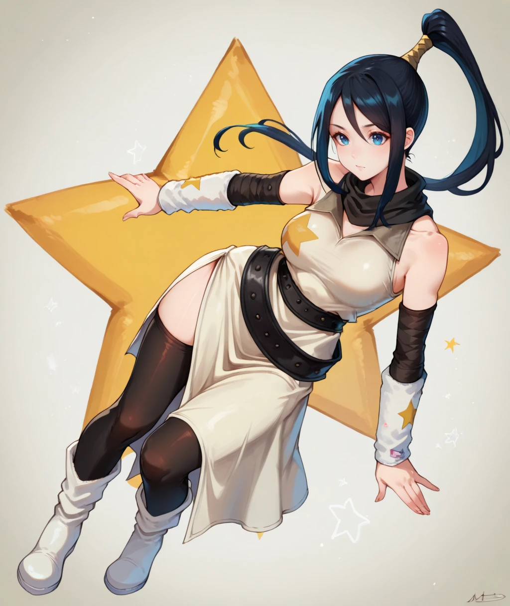 masterpiece, best quality,  mltsubase, black hair, high ponytail, blue eyes, collared dress, black belt, arm warmers, long hair, star (symbol), sleeveless, bare shoulders, black stockings, white footwear,  <lora:Tsubaki-SE-ILXL-T1:1>, white dress, white arm warmers, thigh highs,   action pose